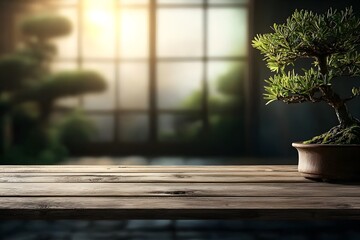 Fototapeta premium Rustic Oak Table with Blurred Background, Featuring Bonsai Plant in Warm Light, Ideal for Natural and Cozy Interior Home Decor