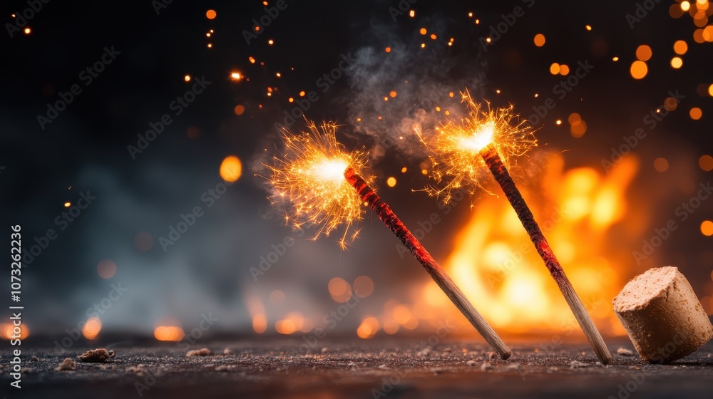 Poster two sparklers stand against a fiery backdrop, throwing off bright sparks, creating a dynamic and cel