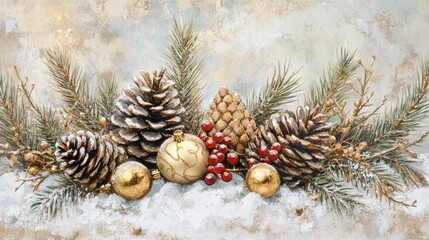 Festive pinecones, berries, and ornaments with gold accents on a soft, snowy background