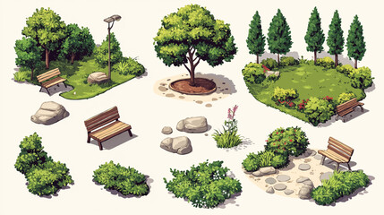 Isometric 3d illustration park trees forest nature elements flat design background for landscape design. Vector isolated for a city map, games, and your town.