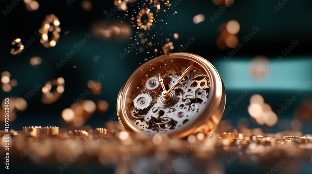 Poster a detailed copper watch accented by dynamic floating gears, symbolizing motion and complexity, prese