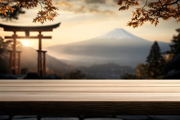 Smooth Light Wooden Table Positioned in Front of a Blurred Scenic Background Featuring Mount Fuji and Autumn Foliage in a Peaceful Landscape