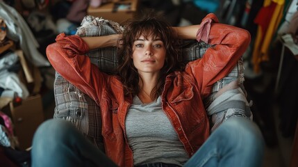 A young woman lounges comfortably in a casual and homely setting, exuding relaxation, modern style, and a sense of carefreeness and ease.