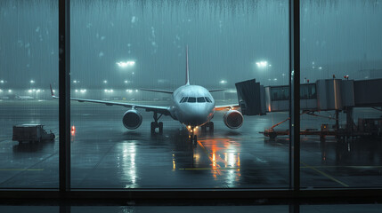 Passengers observe airplane takeoff through airport terminal windows on a rainy day