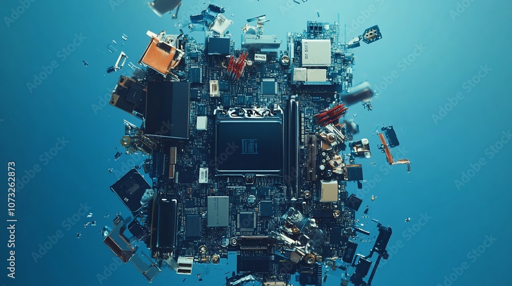 Poster A close-up view of a computer motherboard with various electronic components scattered around it on a blue background.