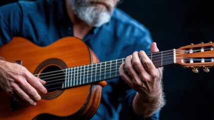 Obraz premium An older man with a beard focuses intently on playing an acoustic guitar, demonstrating skill and passion, as his fingers move expertly over the strings.