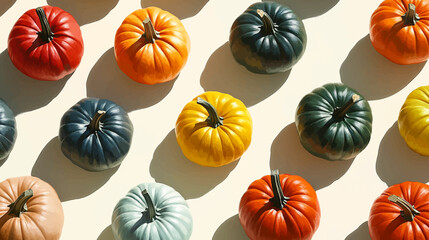 Pumpkin set realistic 3d design. Pumpkin for holidays and fall harvest season, Thanksgiving and Halloween. Colorful vegetables, view from different angles. Butternut squash. vector illustration