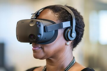 A woman engages with virtual reality equipment, fully immersed in an interactive experience. The setting is a contemporary office filled with natural light
