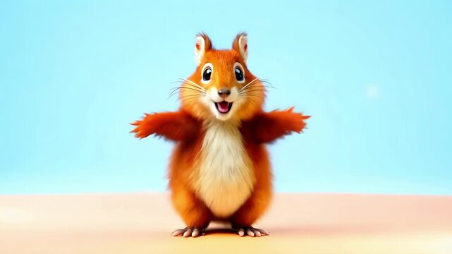 Cheerful squirrel smiling with a friendly expression on a plain background, evoking a sense of warmth and positivity. A joyful cartoon squirrel is dancing on a blue background.