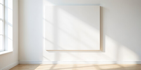 Fototapeta premium An empty white canvas is displayed on a blank white wall in an art gallery, illuminated by overhead lights, creating a minimalist and serene atmosphere.
