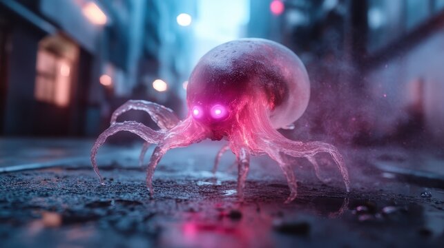 A captivating pink creature with glowing eyes moves energetically along a dark urban street, casting an ethereal glow and inciting curiosity and wonder in passersby.