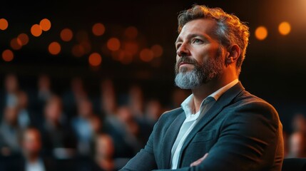 A thoughtful man with a contemplative expression stands in focus under warm lighting, while the audience around him is blurred, evoking introspection and focus.