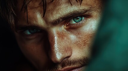A man's intense gaze is captured through a blurred green foreground, creating an aura of mystery and curiosity. The deep emerald eyes are striking and enigmatic.