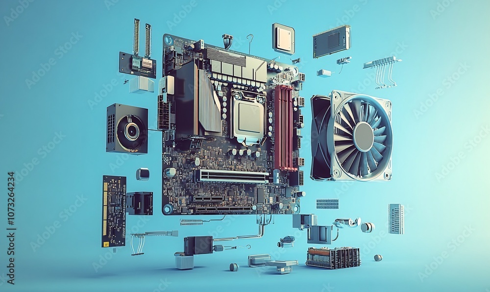 Poster A computer motherboard with its various components floating around it against a blue background.