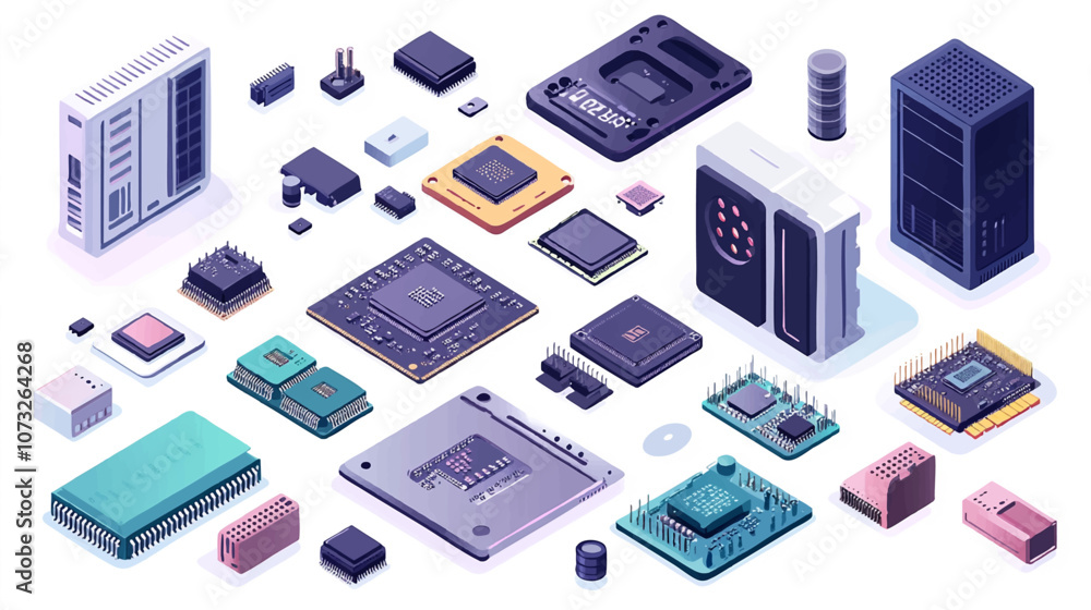 Aufkleber set abstract ai chip hologram on circuit board tech. artificial intelligence isometric 3d logo with 