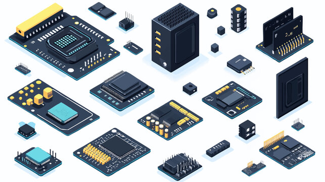 Set abstract AI chip hologram on circuit board tech. Artificial Intelligence isometric 3D logo with neon growing light lines. Vector illustration. CPU processor or semiconductor design.