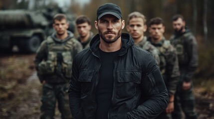 Fototapeta premium A commanding leader stands confidently among soldiers, exuding authority and readiness in a woodland environment, surrounded by tactical vehicles.