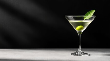 A distinctive martini glass hosts a refreshing cocktail, adorned with an olive and garnished with a green leaf, set on a minimalist backdrop creating artistic appeal.