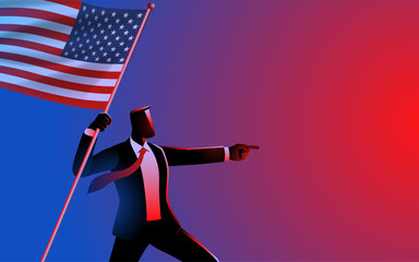 Businessman proudly holding the American flag and pointing forward, symbolizing leadership, patriotism, and ambition. Ideal for themes of American business success and visionary leadership