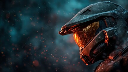 An armored space traveler seen in profile view, their helmet lit by a glowing orange light amidst a backdrop of fine rain, evoking resilience and determination.