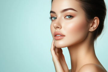 Fototapeta premium Beauty portrait of a model woman with beautiful white skin through skin care 