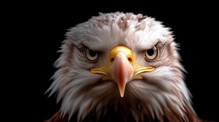 Fototapeta premium A frontal shot of an eagle with a fierce, intense gaze. The feathers are strikingly detailed, and the bird exudes power and authority in the dark setting.