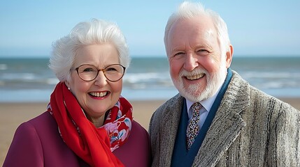 Elderly couple enjoys a joyful day at the beach embracing their golden years together