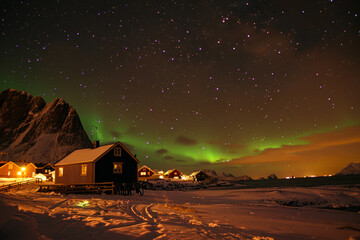 Under a starry sky, the northern lights dance over a peaceful Norwegian village. Snow blankets the ground while warm lights shine from cozy cabins