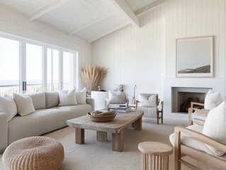 Coastal Living Room with White Walls, Wooden Accents, and Ocean View