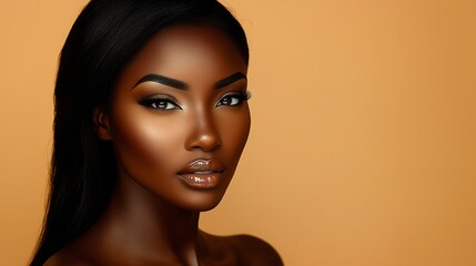 Naklejka premium Portrait of a woman with glowing skin against a warm orange backdrop, cosmetics advertisement, image for skincare advertising, copy space for text,