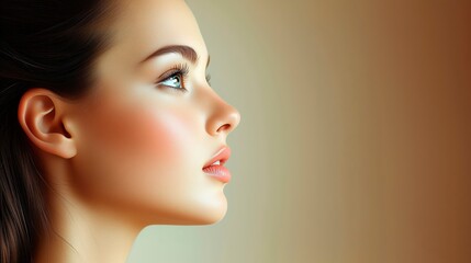 Naklejka premium Woman with elegant profile gazes thoughtfully against a soft background, cosmetics advertisement, image for skincare advertising, copy space for text,