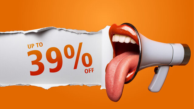banner with an orange background saying "UP TO 39% OFF", megaphone with a mouth inside and tongue sticking out.