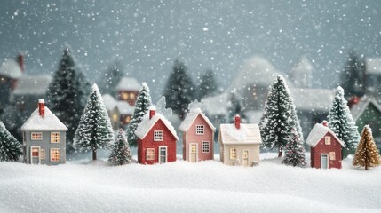 Miniature Christmas village scene, with frosted cottages and tiny Christmas trees in a snowy setting