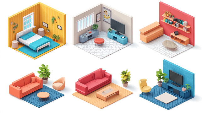 Vector isometric home rooms set. Rooms cross sections. Bedroom, living room, kitchen, home office, dining room. Furniture and decoration. Modern and classic interior flat designs.
