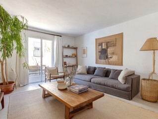 Minimalist Living Room with Wooden Coffee Table and Gray Sofa