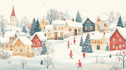 Christmas Background. Winter city landscape people celebration on street in town with snow falling on tree, Vector for banner Happy Family, Children having fun in village on New Year Eve 2025.
