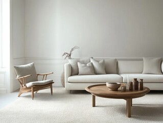 Minimalist living room with a white sofa, a wooden coffee table, and a textured rug.