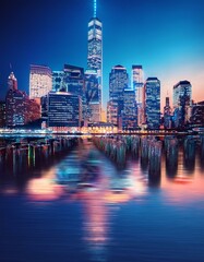 Fototapeta premium New York City skyline at night with city skyscrapers illuminated by reflection of neon lights