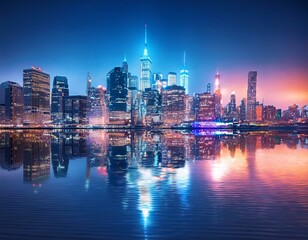 Fototapeta premium New York City skyline at night with city skyscrapers illuminated by reflection of neon lights