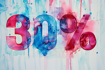 A striking design showcases a large 30 highlighted by fluid watercolor swirls in blue and pink, perfect for advertising sales and discounts