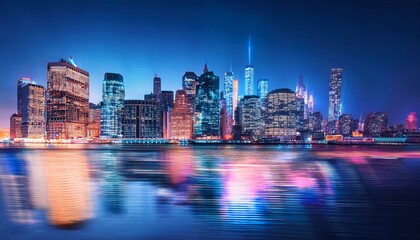 Obraz premium New York City skyline at night with city skyscrapers illuminated by reflection of neon lights