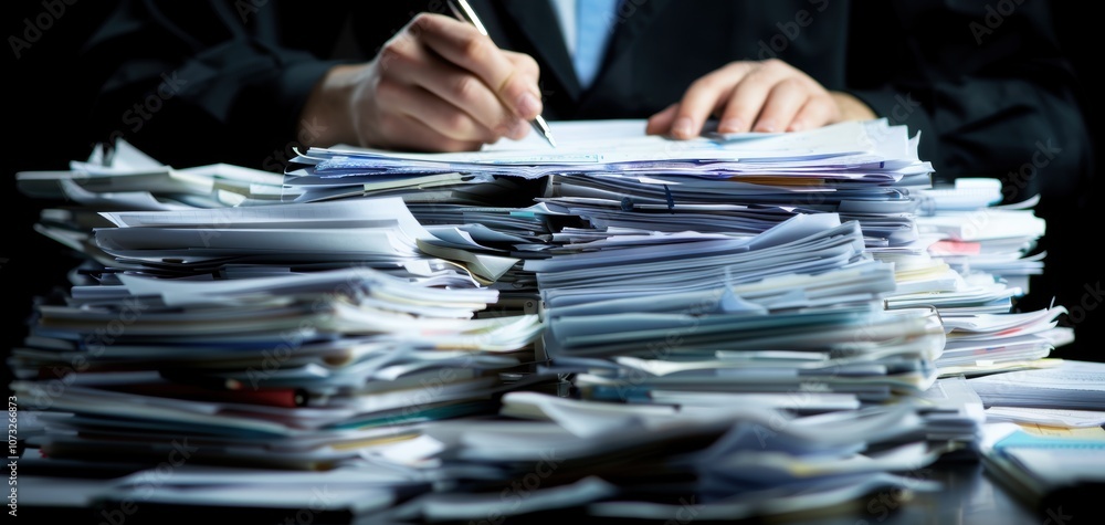 Poster a person in a suit is writing on a sheet of paper amidst a large stack of documents, representing wo