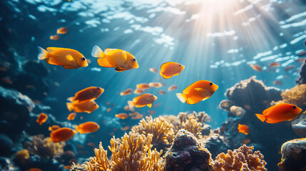 Naklejka premium Bright orange fish swim among coral reefs, in an underwater environment illuminated by the sun's rays penetrating the clear water.