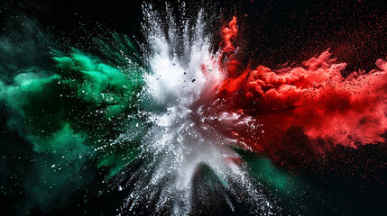 Red, white and green powder explosion in the shape of the Italian flag on a black background