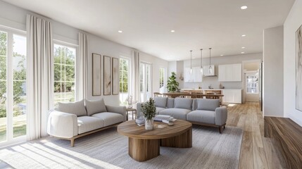 Modern Living Room with White Walls, Wooden Floor, and White Curtains