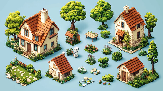 Private houses for game cartoon asset isometric icons set. Illustrations of luxury cottages, family home, building facades with windows and residential property. Cartoon 3D vector collection.