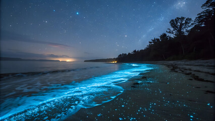 A night scene capturing the glowing blue light of bioluminescent plankton in calm ocean waters