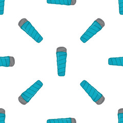 Seamless pattern with blue rolled up sleeping bag, equipment for camping and hiking, isolated on white background