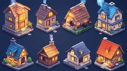 Private houses for game cartoon asset isometric icons set. Illustrations of luxury cottages, family home, building facades with windows and residential property. Cartoon 3D vector collection.