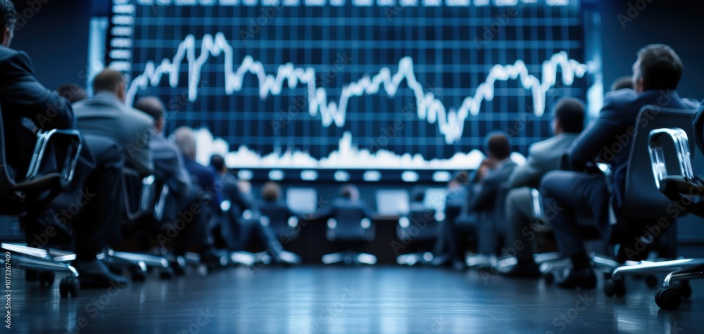 Poster a group of professionals observes stock market trends on a digital display, highlighting the importa